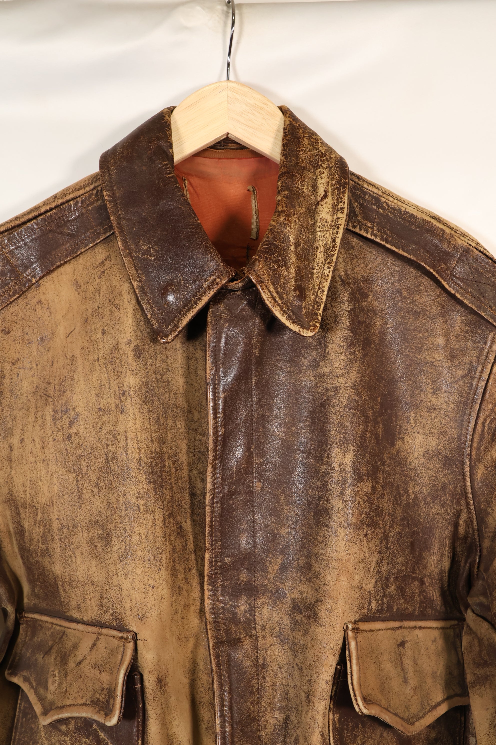 1940's size 46, maker unknown, USAAF A-2 flight jacket, damaged condition, used.