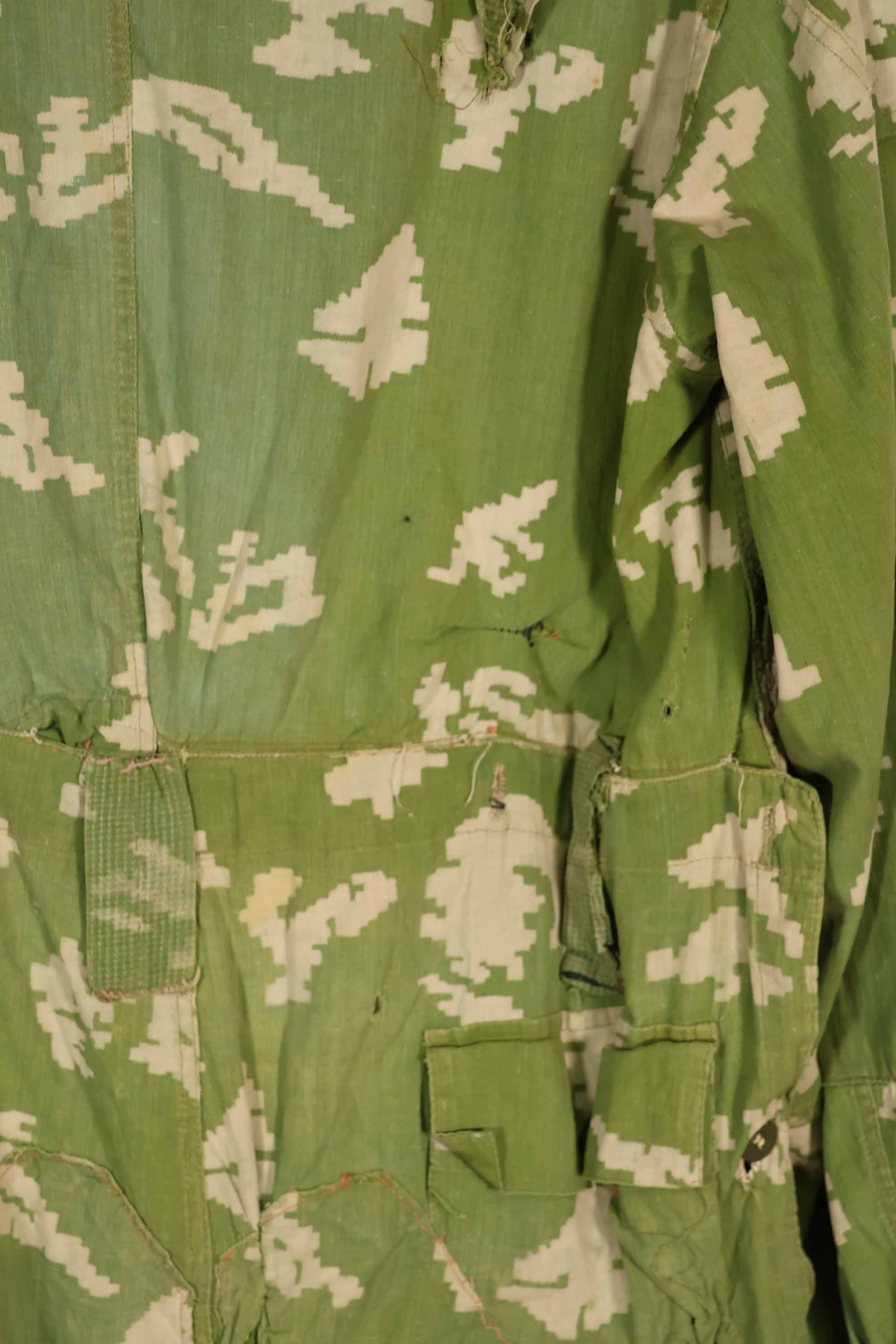 Real 1980s Soviet Russia KLMK camouflage coveralls, used, torn, repaired.