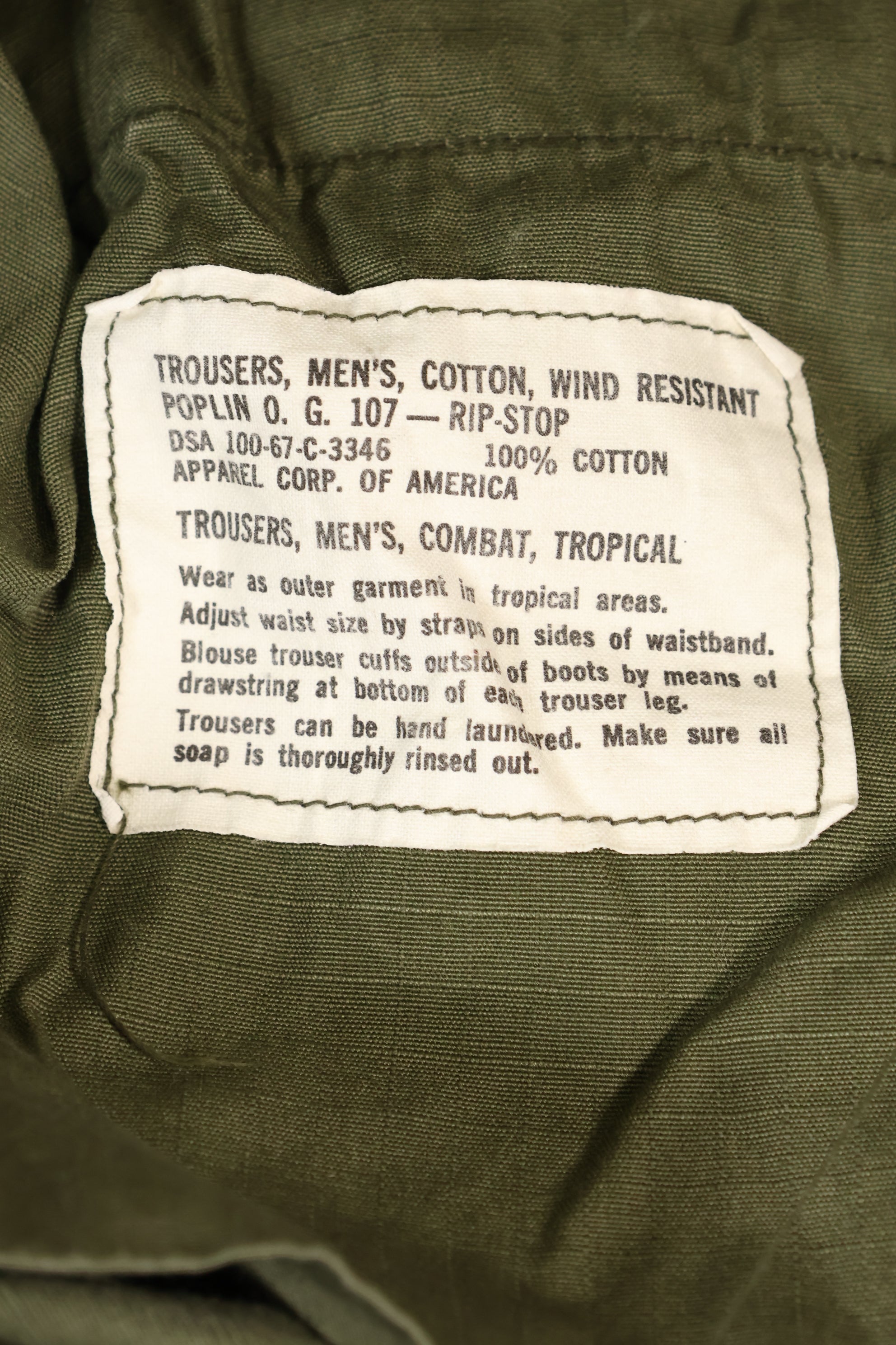 1967 Contract L-L 4th Model Jungle Fatigue Pants in good condition, faded, used.