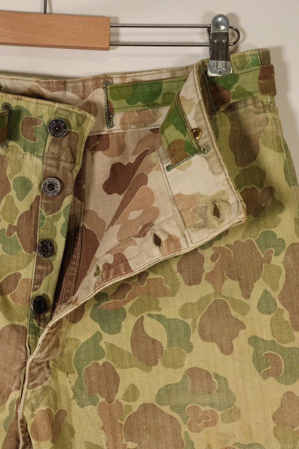 1940s WWII USMC P-44 Frogskin camouflage duck hunter pants, repaired, used.