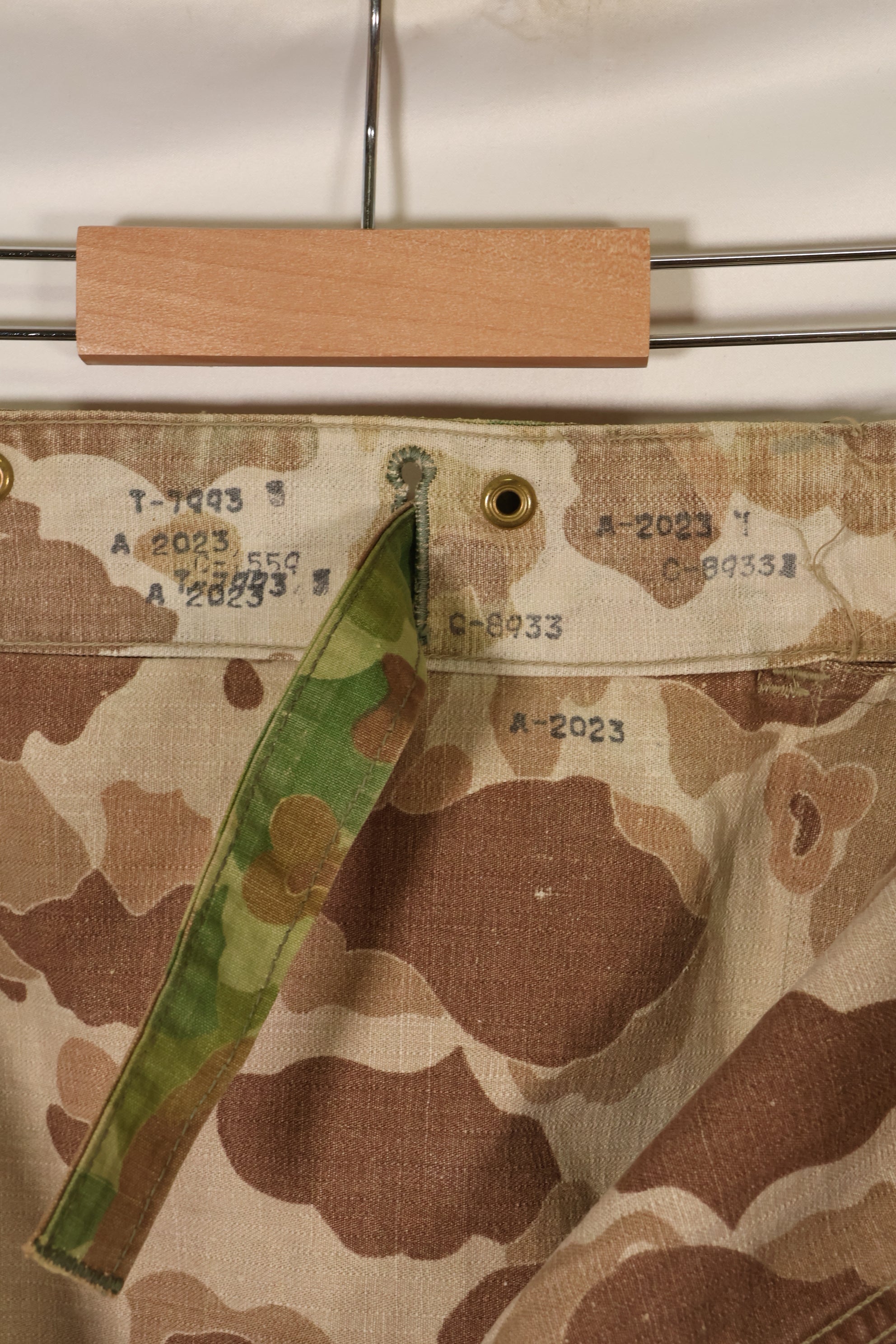 1940s WWII USMC P-44 Frogskin camouflage duck hunter pants, repaired, used.