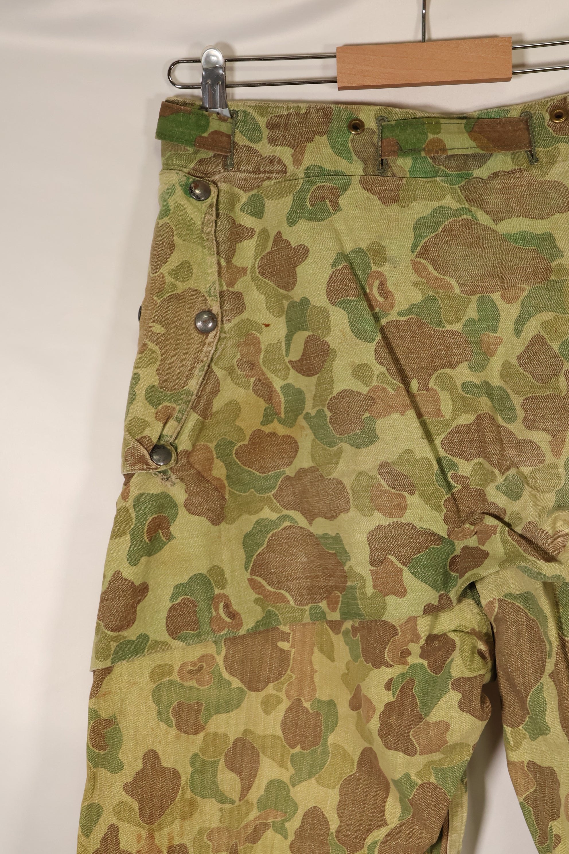 1940s WWII USMC P-44 Frogskin camouflage duck hunter pants, repaired, used.