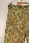 1940s WWII USMC P-44 Frogskin camouflage duck hunter pants, repaired, used.