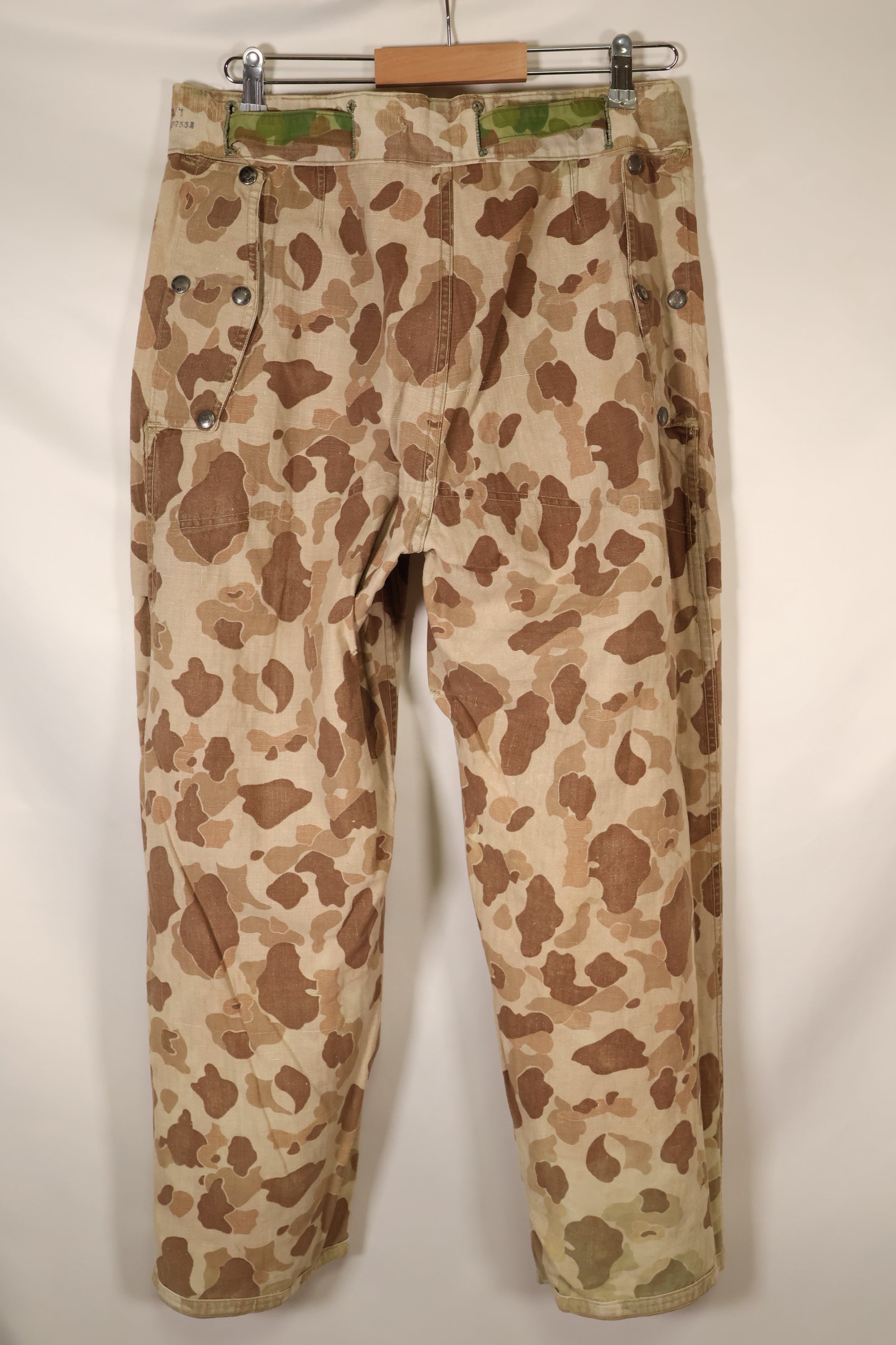 1940s WWII USMC P-44 Frogskin camouflage duck hunter pants, repaired, used.