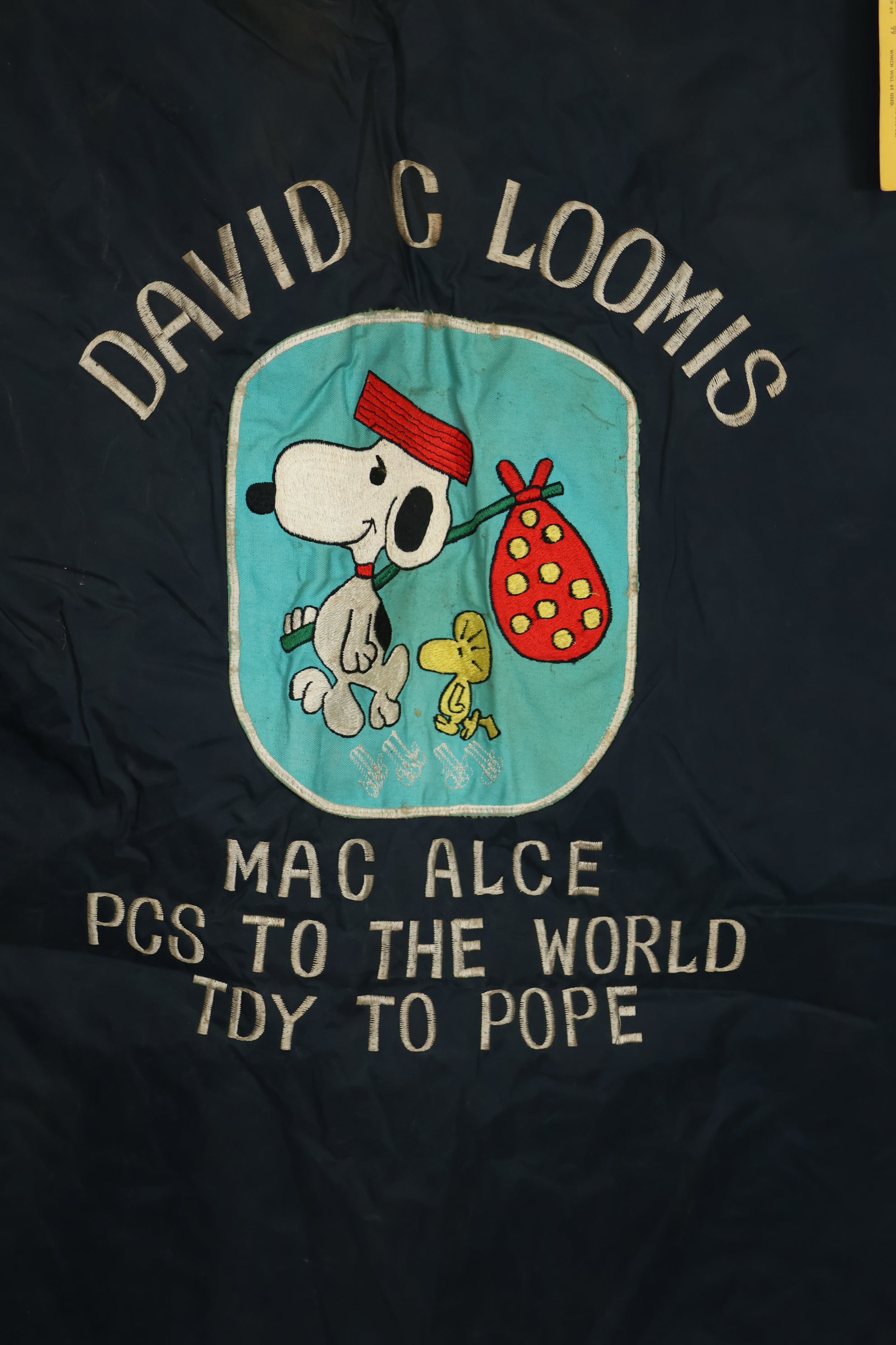 Estimated 1960s USAF Snoopy motif suit bag, privately procured, used.