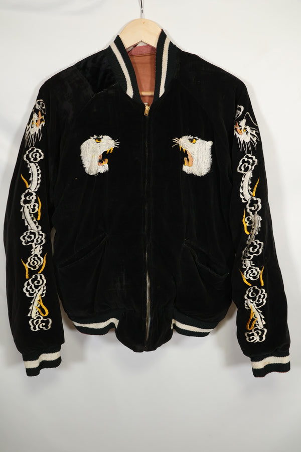 1950's Japan Jacket, large size, tiger design, black, repaired, used