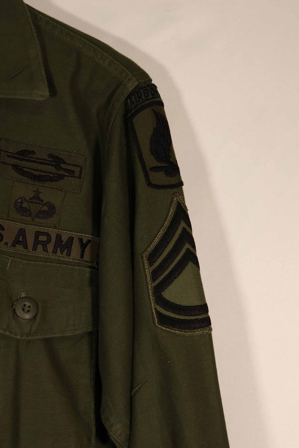 Real 1970 OG-107 utility shirt with Army Airborne insignia, used.