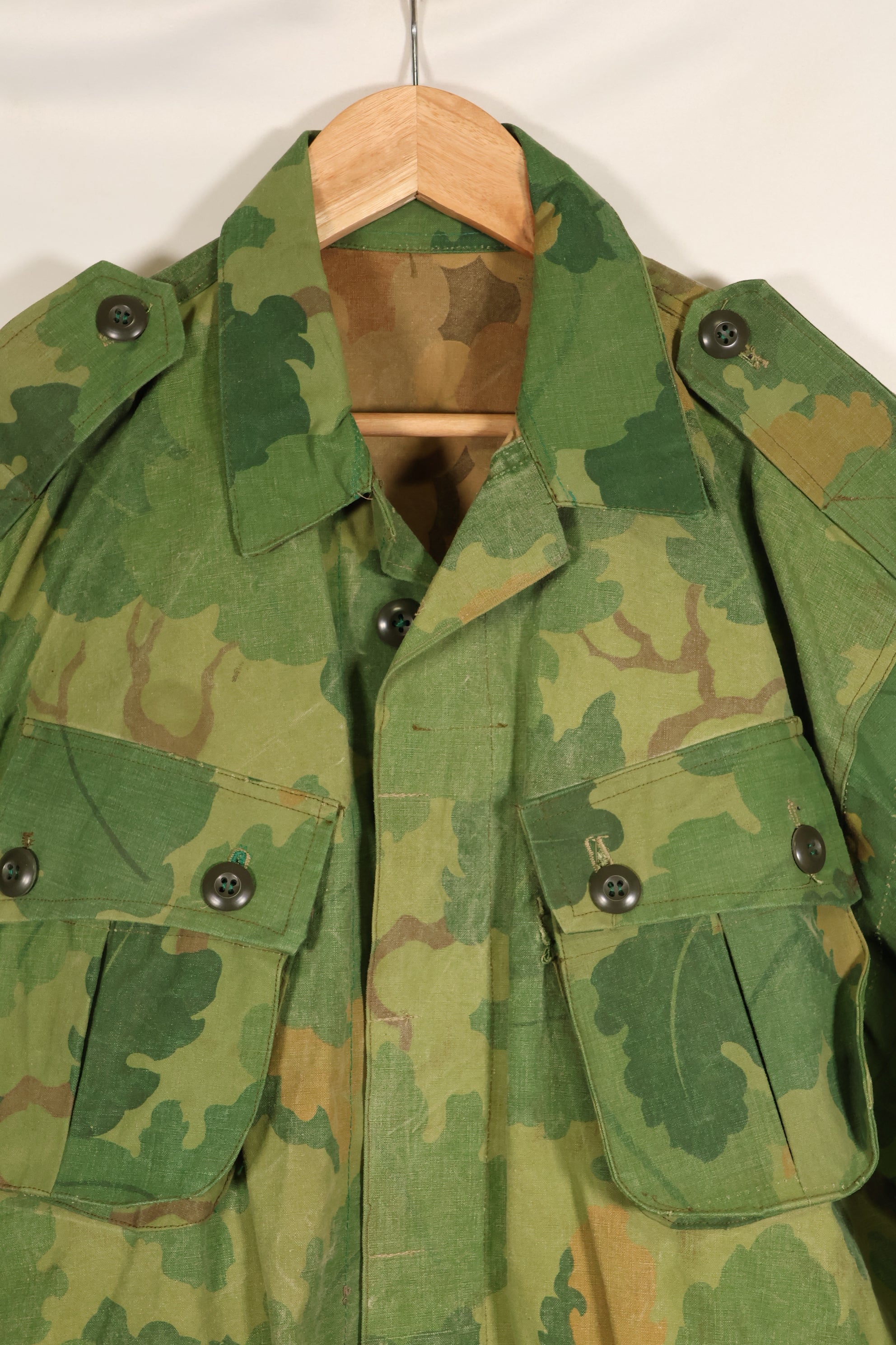 Authentic Fabric: Mitchell Pattern Camouflage, 1st Model Jungle Fatigue Jacket, Tent Fabric, Used