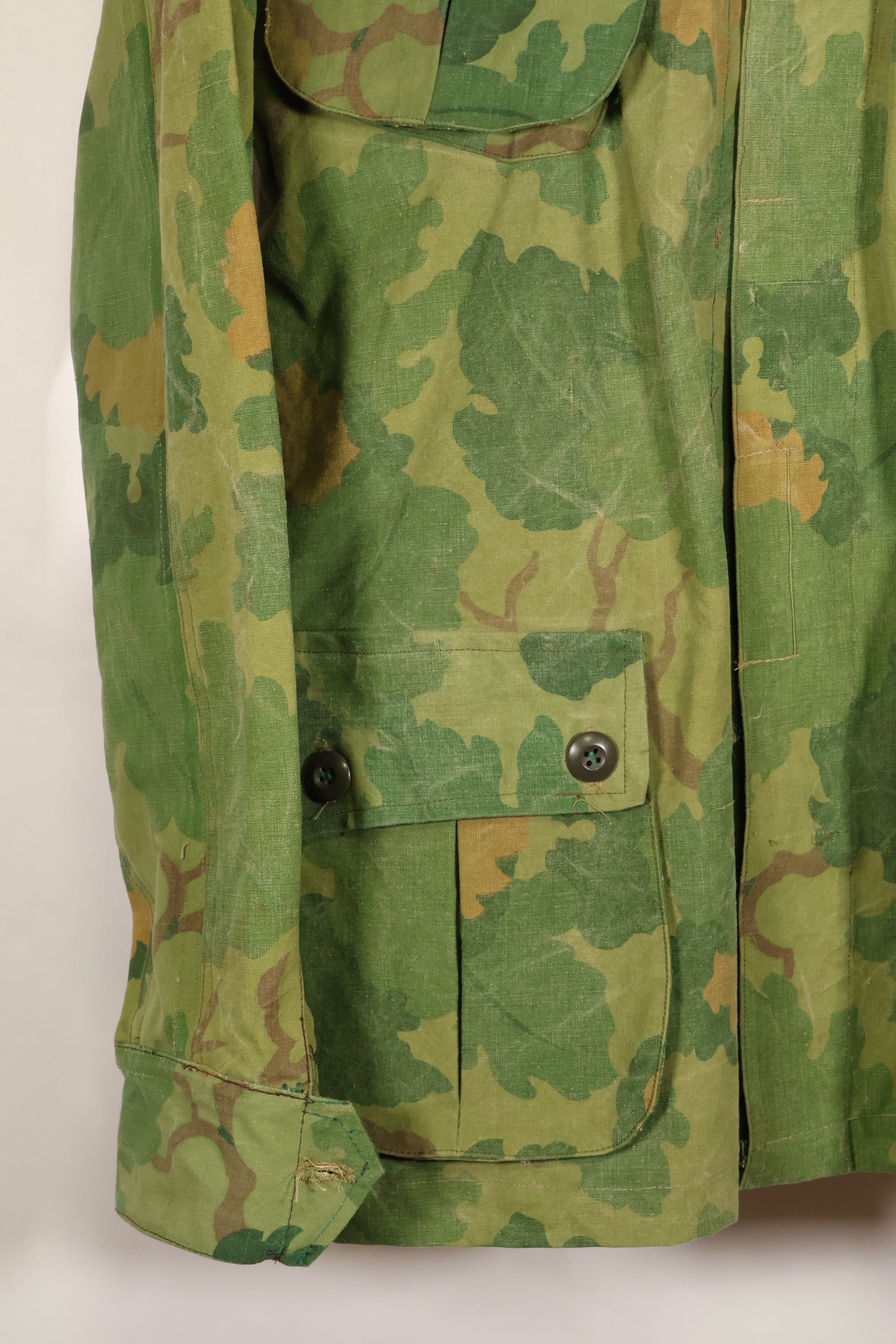 Authentic Fabric: Mitchell Pattern Camouflage, 1st Model Jungle Fatigue Jacket, Tent Fabric, Used