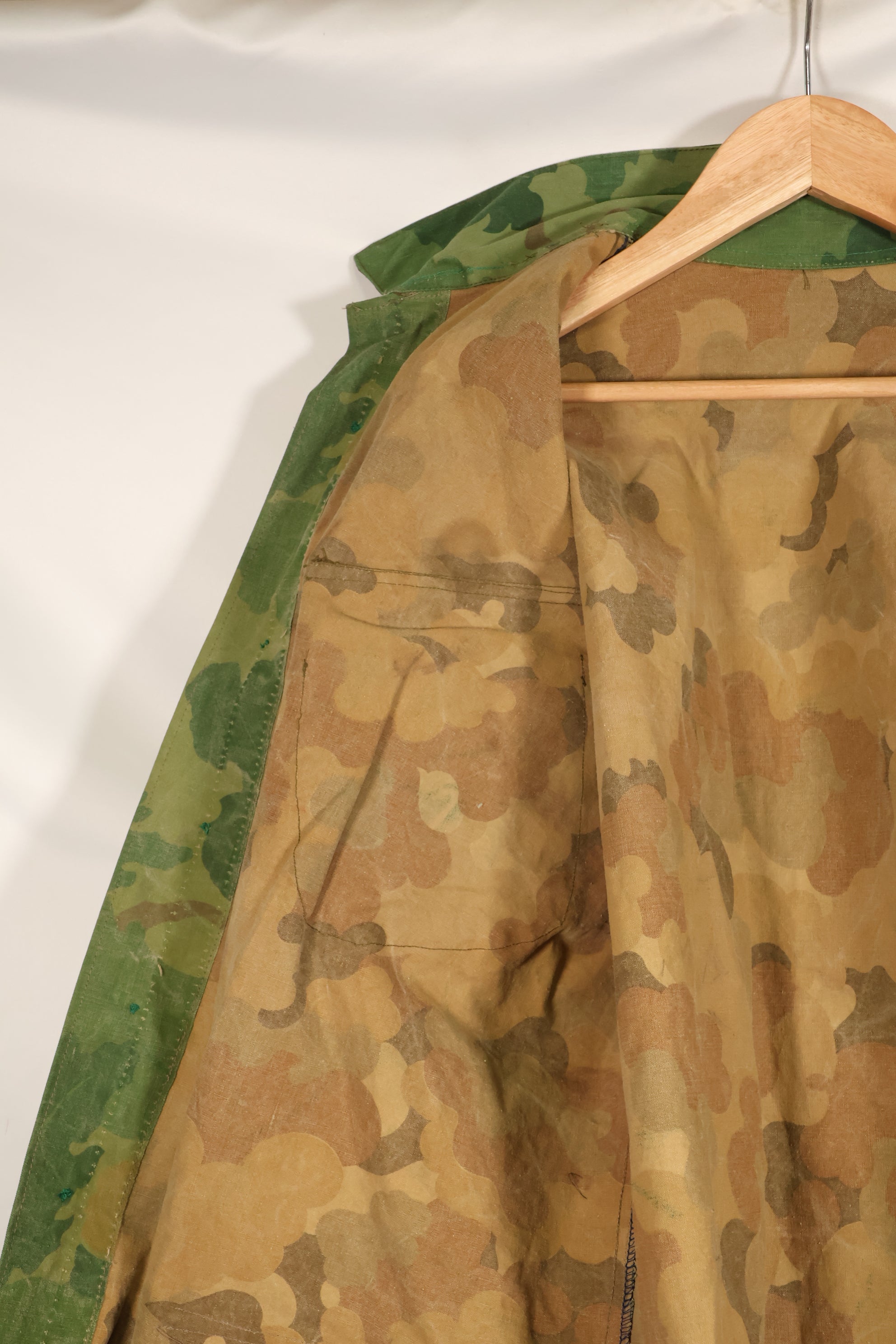 Authentic Fabric: Mitchell Pattern Camouflage, 1st Model Jungle Fatigue Jacket, Tent Fabric, Used