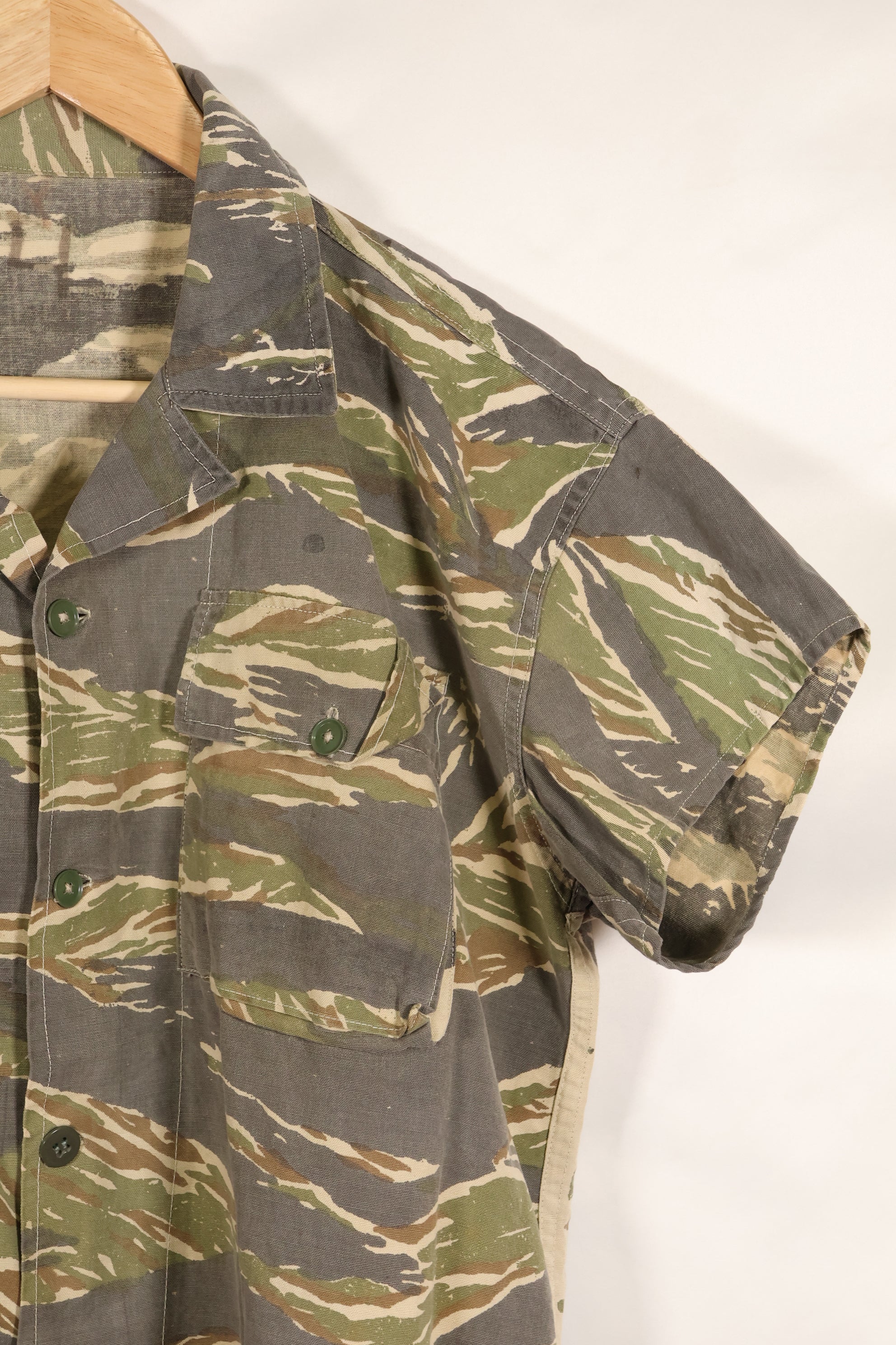 Estimated 1970s locally made tiger stripe short sleeve shirt, used.