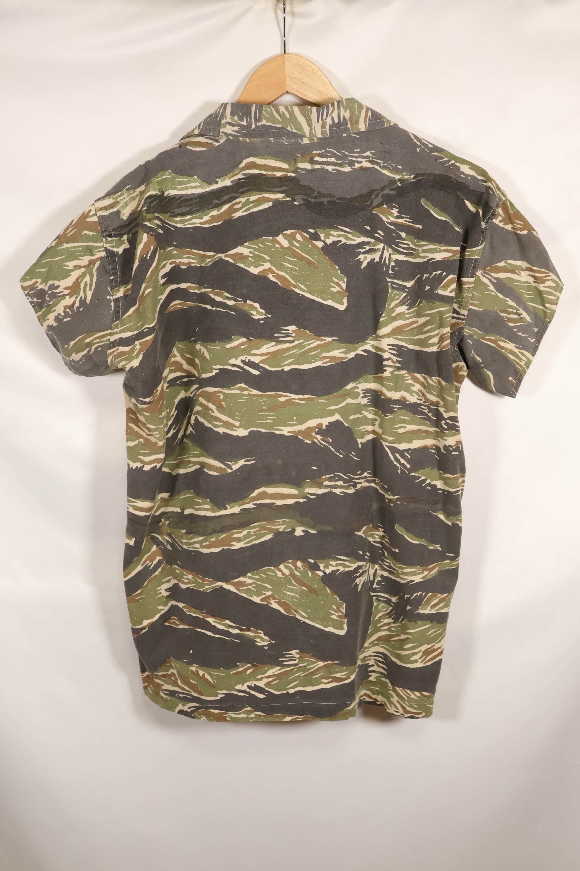 Estimated 1970s locally made tiger stripe short sleeve shirt, used.