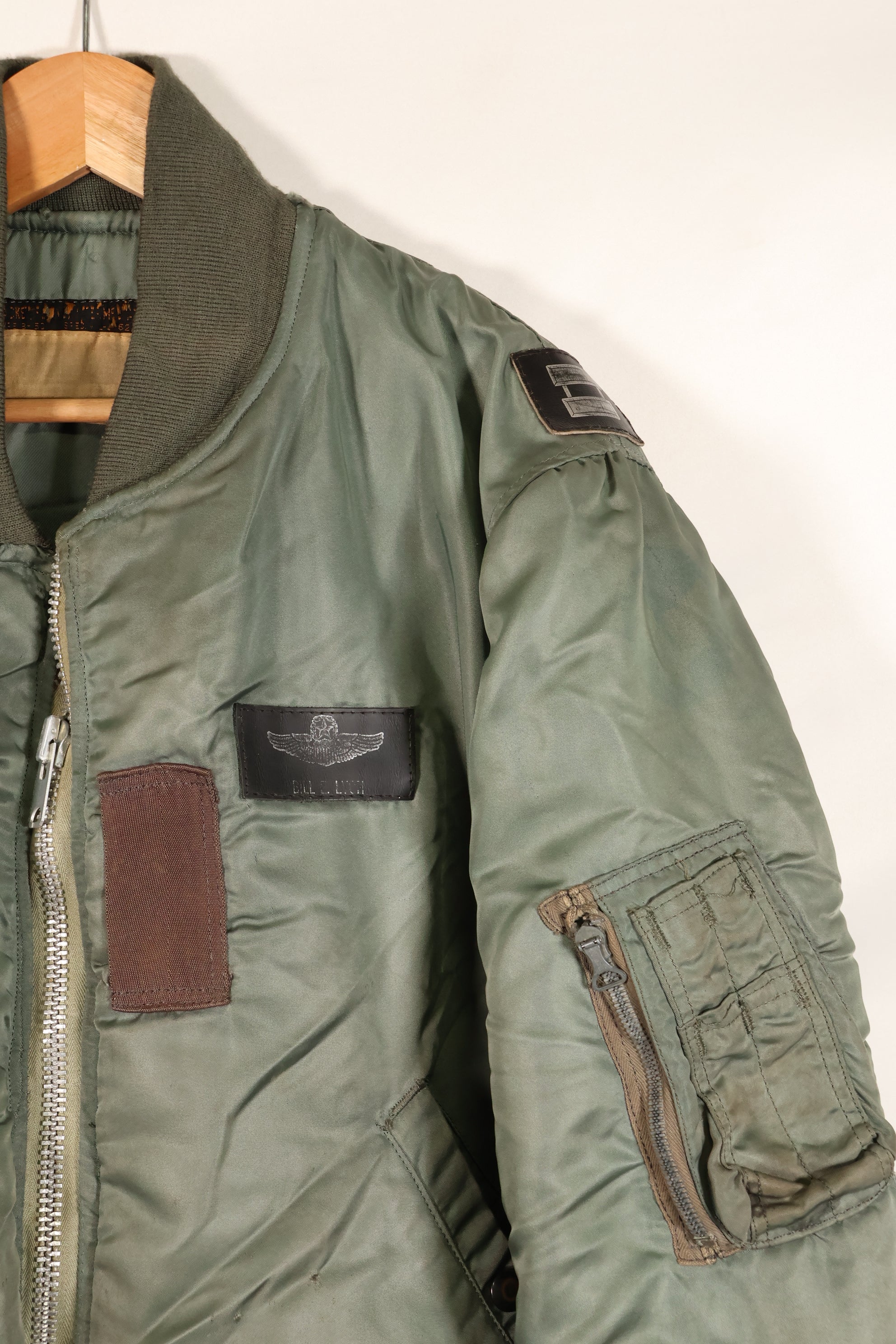 1950s, estimated size 40–42, U.S. Air Force B-15D flight jacket, modified with shearling, includes patches, used
