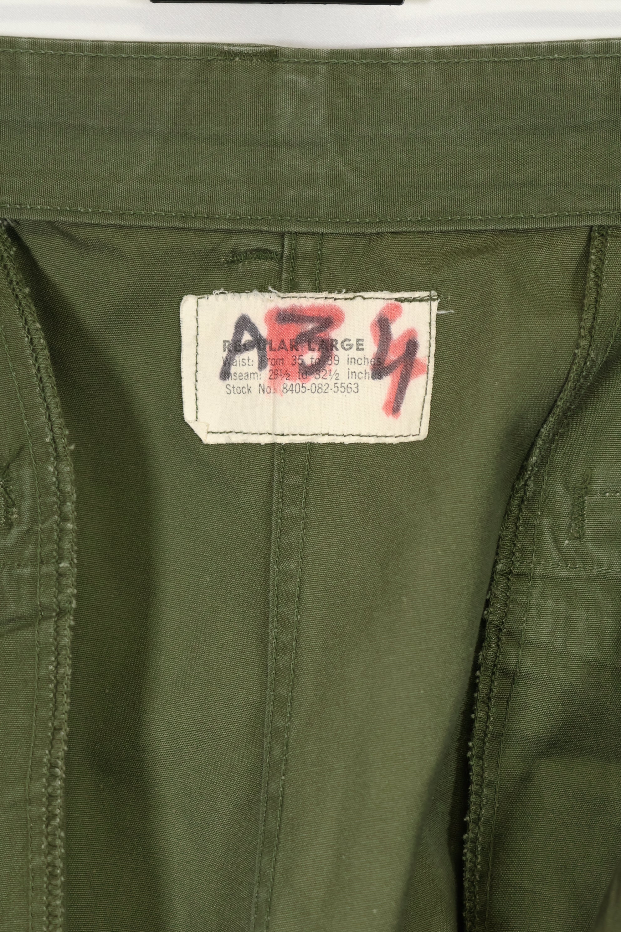 1964 Contract 1st Model Jungle Fatigue Pants, L-R, stained, repaired, used.