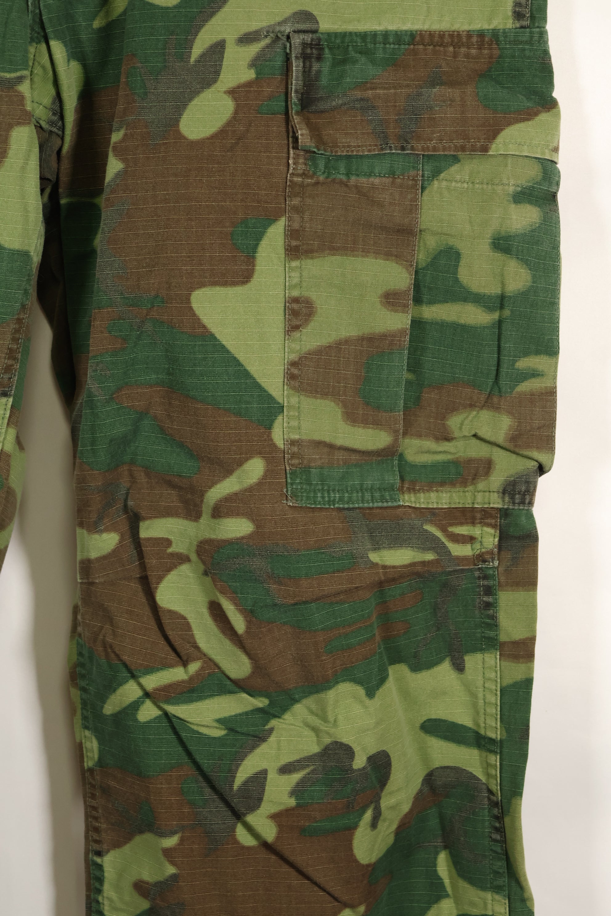 1969 Contract M-S Ripstop ERDL Camouflage Jungle Fatigue Pants, faded, used.