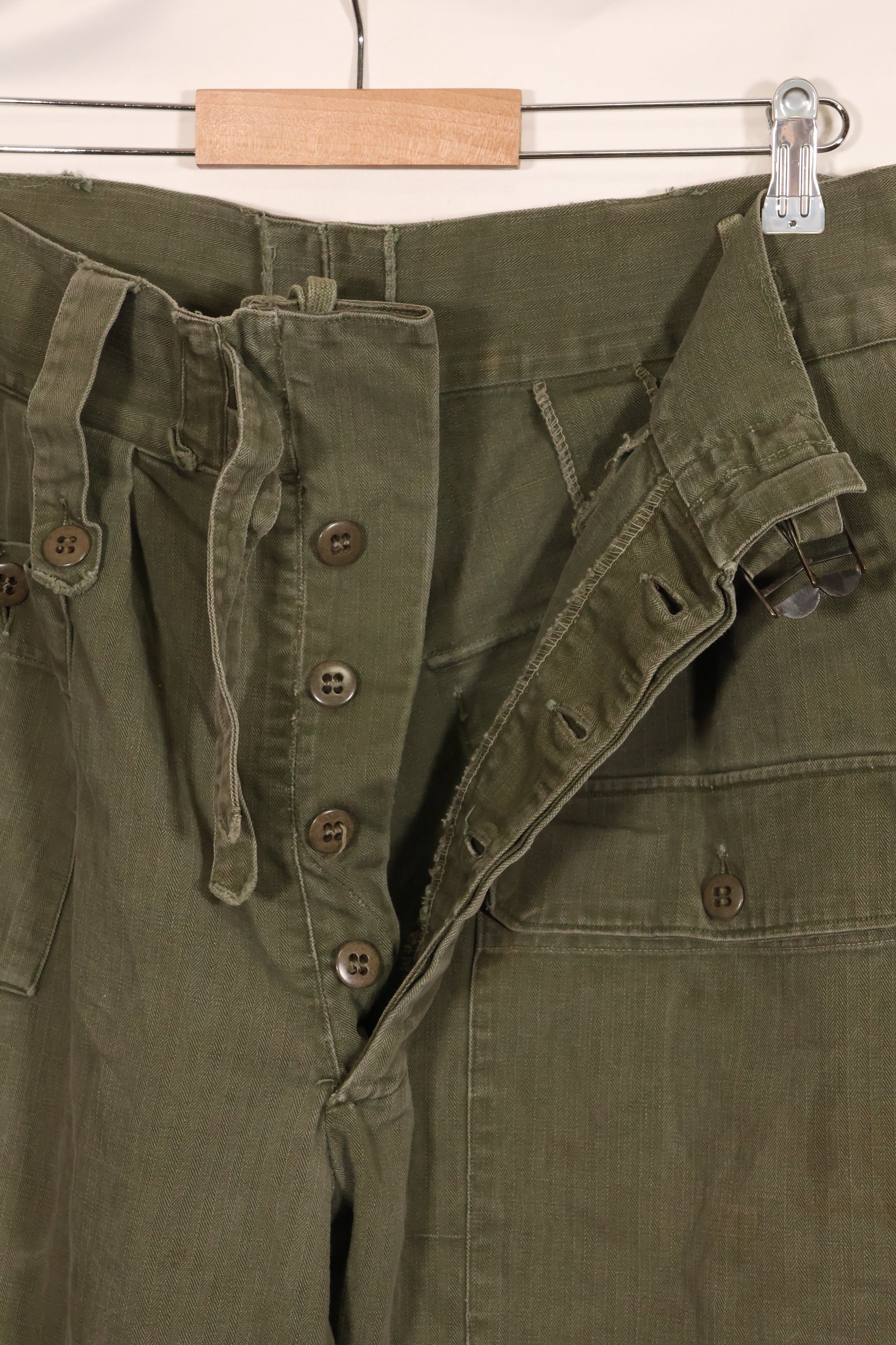 Real 1940s WWII US made British Army HBT jungle trousers, used.