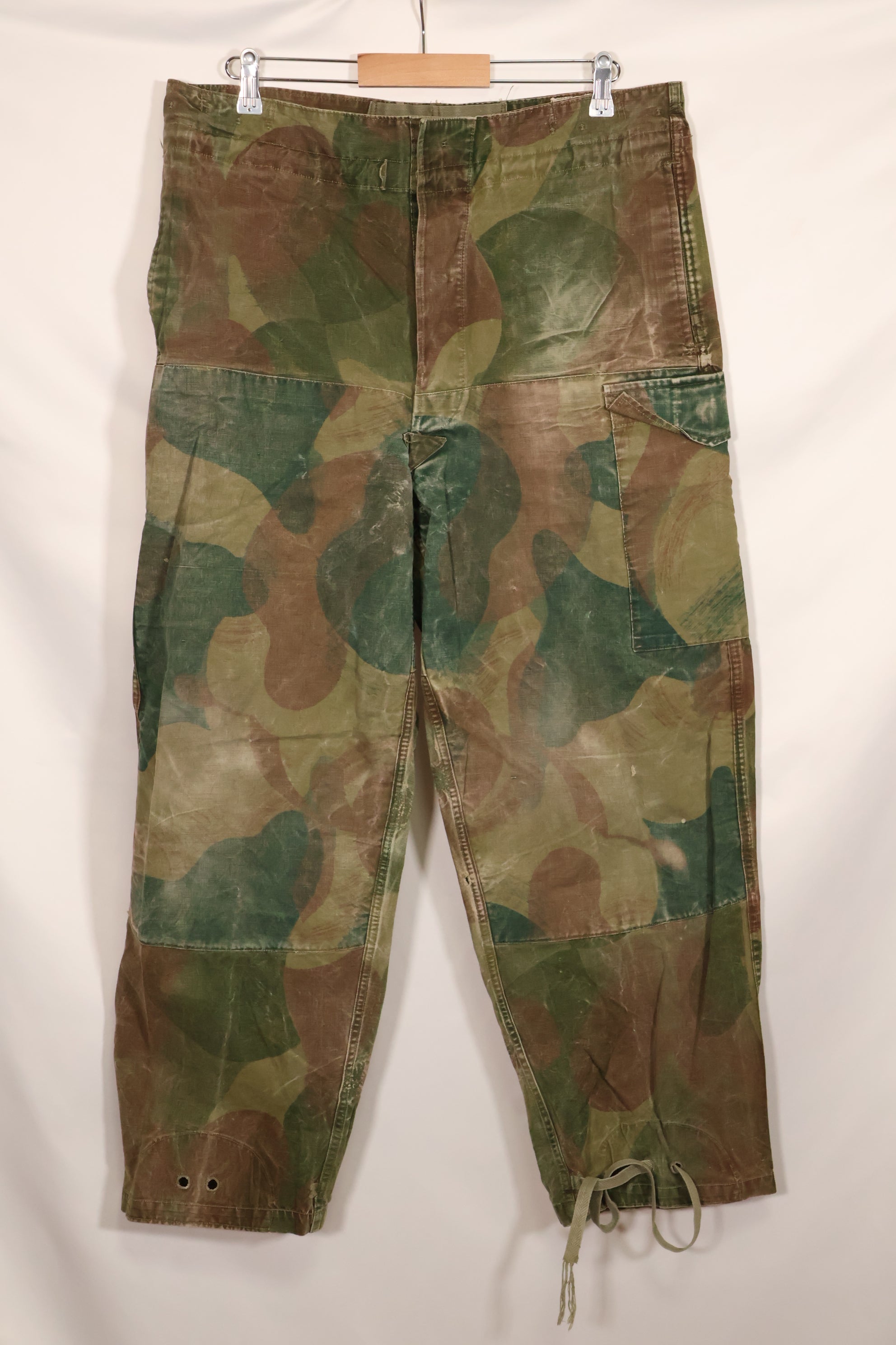 1956 Belgian Army Brushstroke camouflage airborne pants, used, faded.
