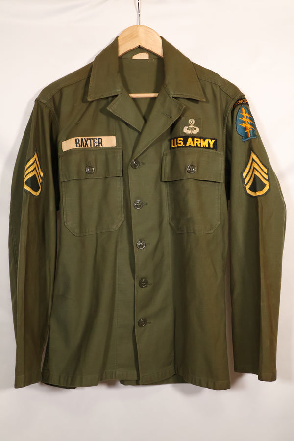 1962 Contract Green Beret OG-107 Utility Shirt, patch first attached, used.