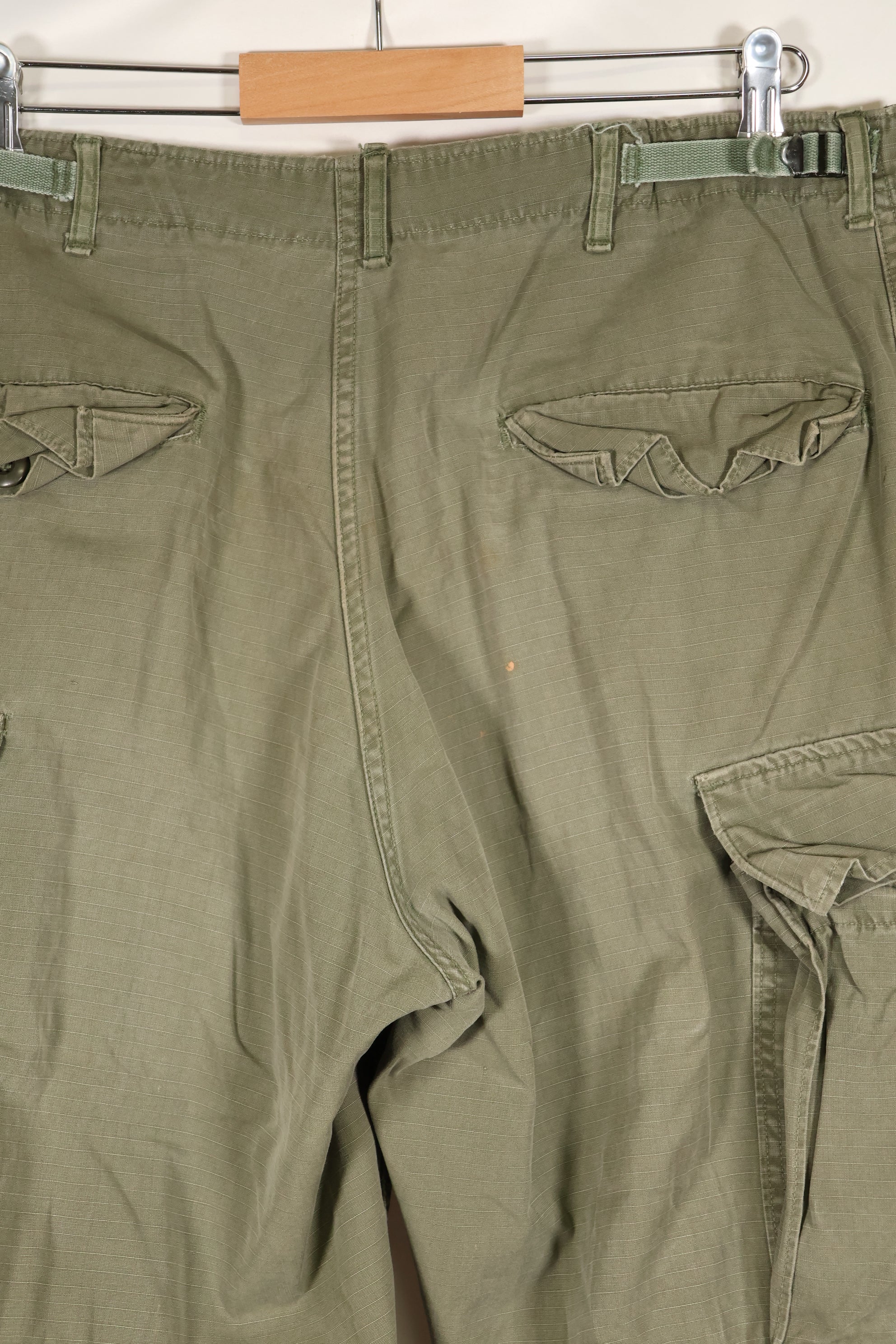 1969 Contract M-R 4th Model Jungle Fatigue Pants, stained, faded, used.