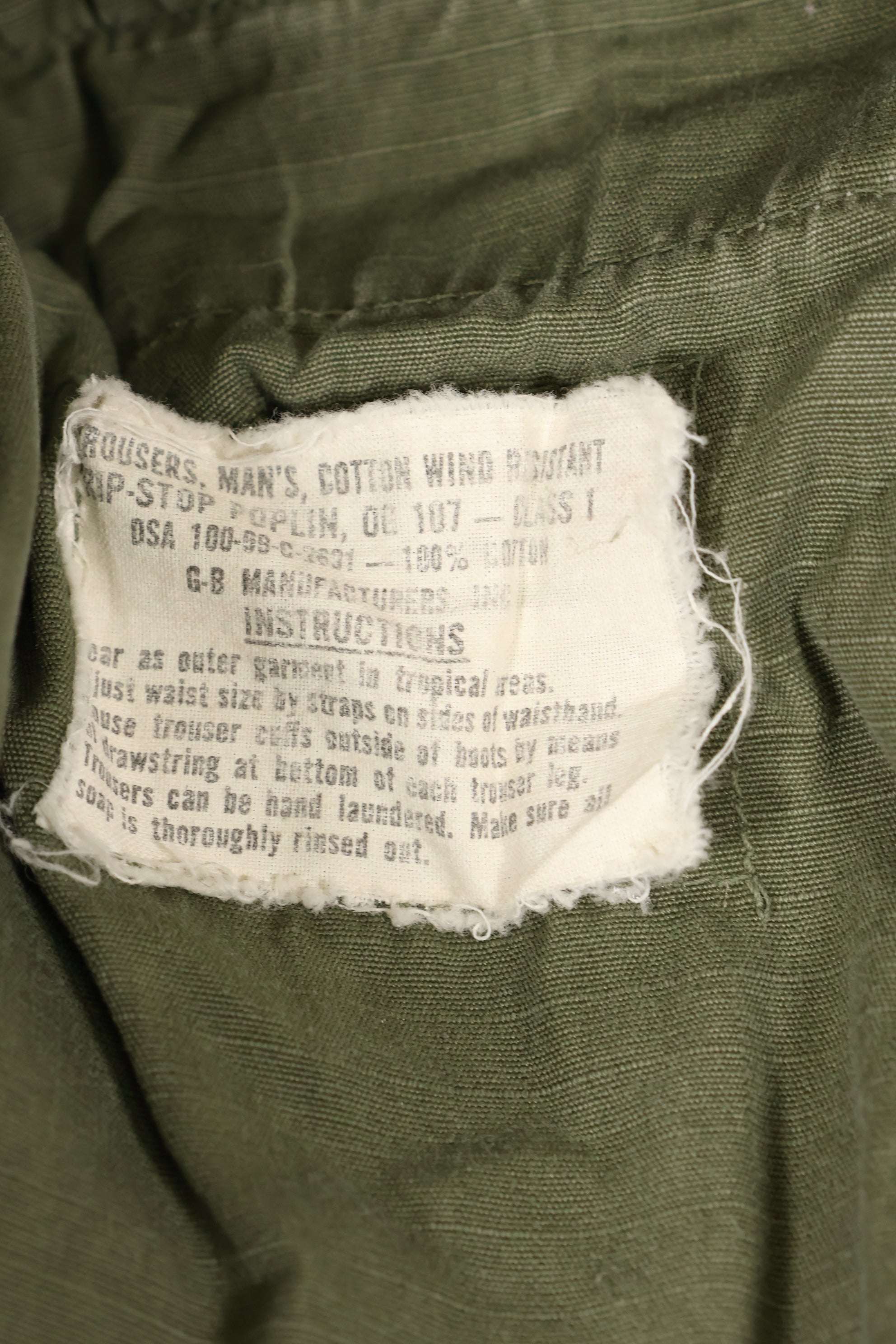 1969 Contract L-S 4th Model Jungle Fatigue Pants, used with fading.