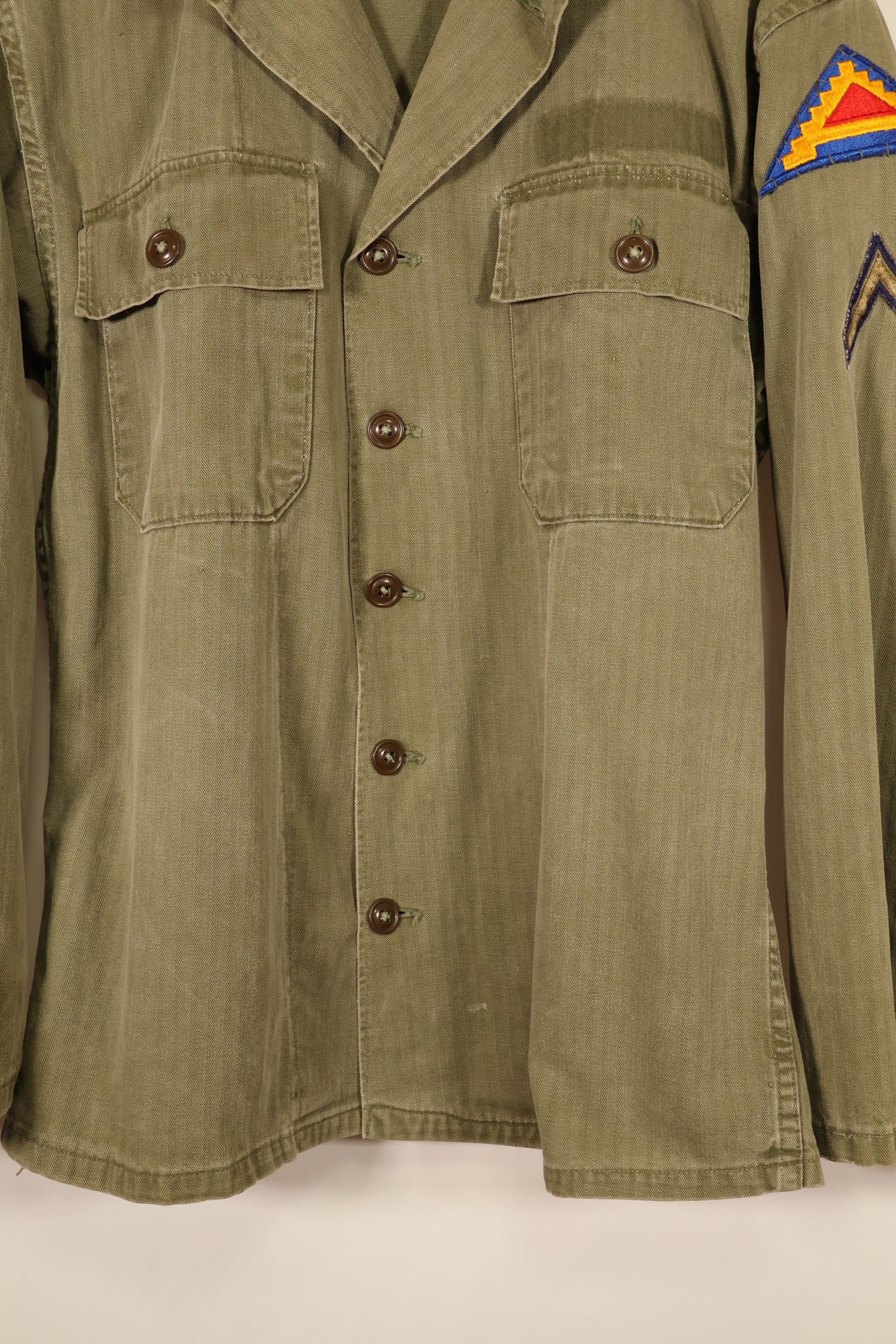 Late 1940s–1950s, U.S. Army, M-47 HBT Utility Shirt with Patches, Used