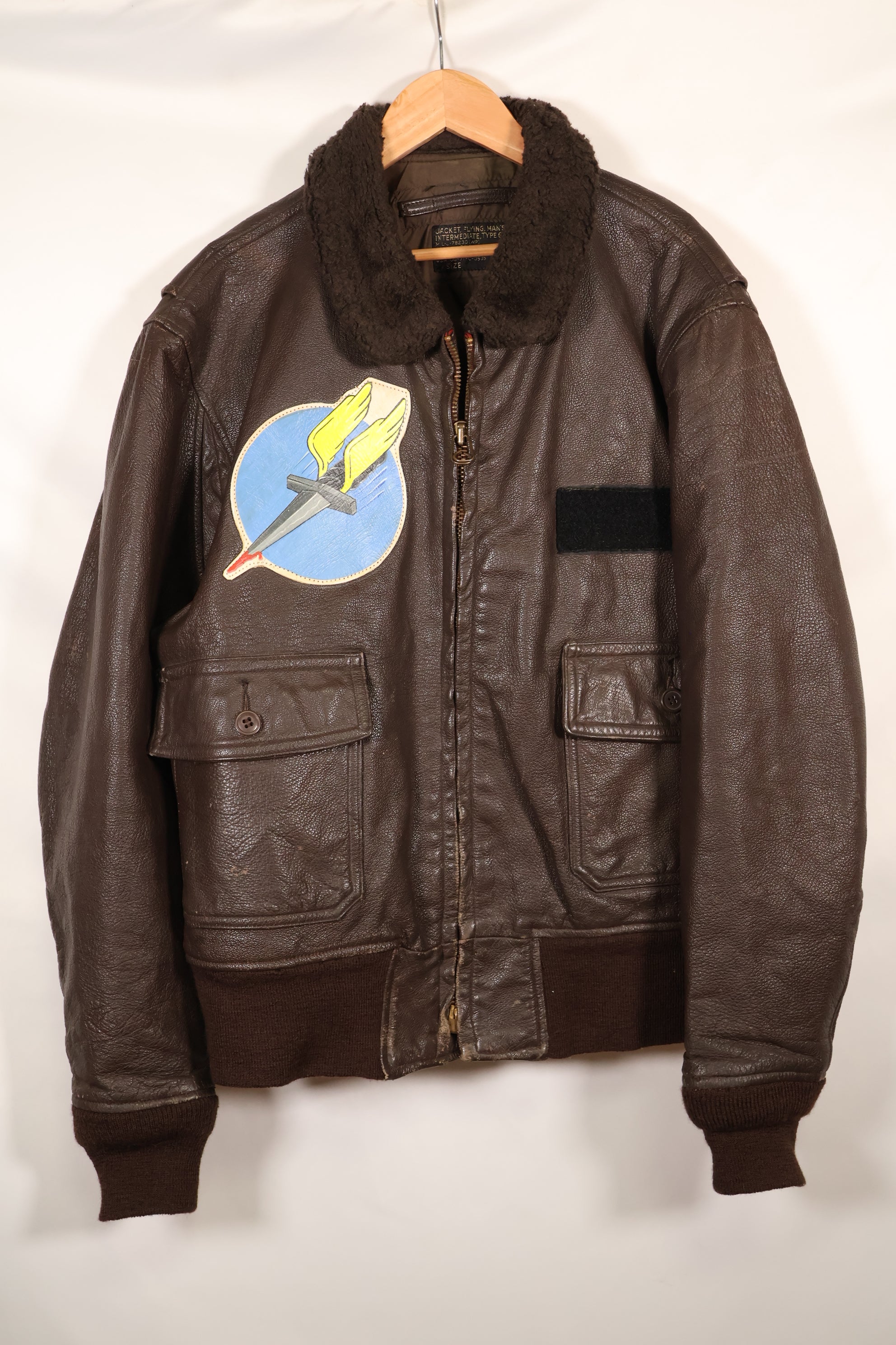 1971 contract size 44 G-1 flight jacket, painted, patches, used.