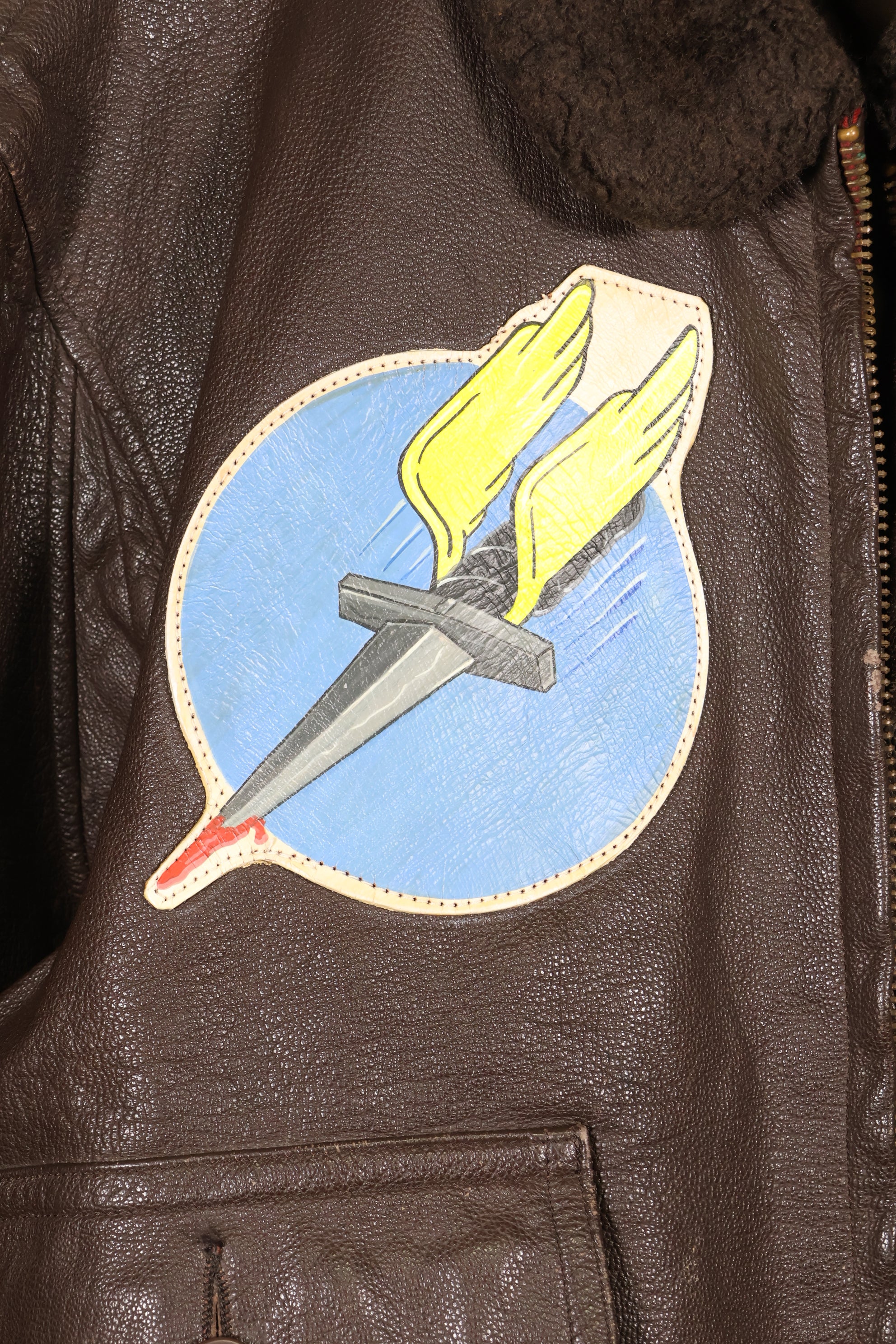 1971 contract size 44 G-1 flight jacket, painted, patches, used.