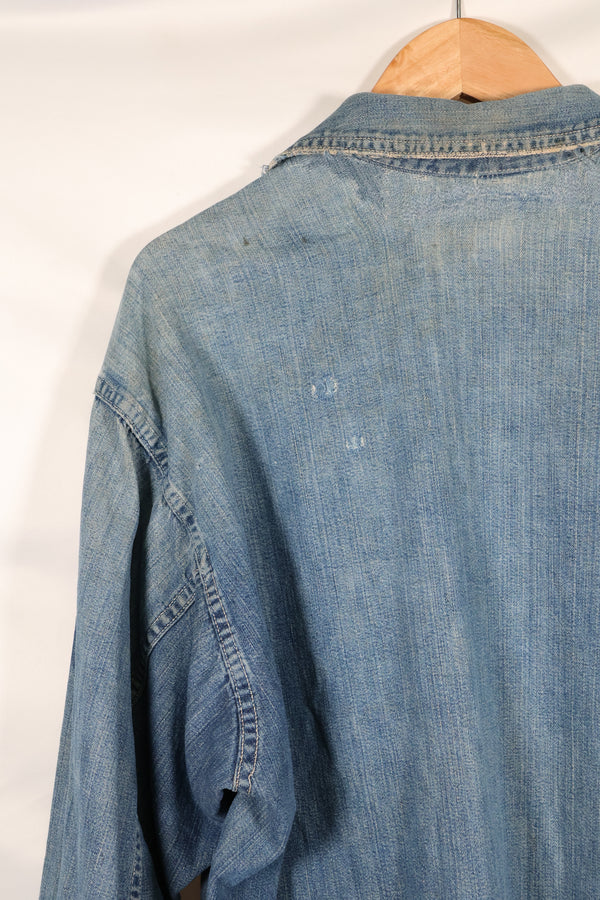 1930s U.S. Army denim pullover shirt, 3 buttons, used.