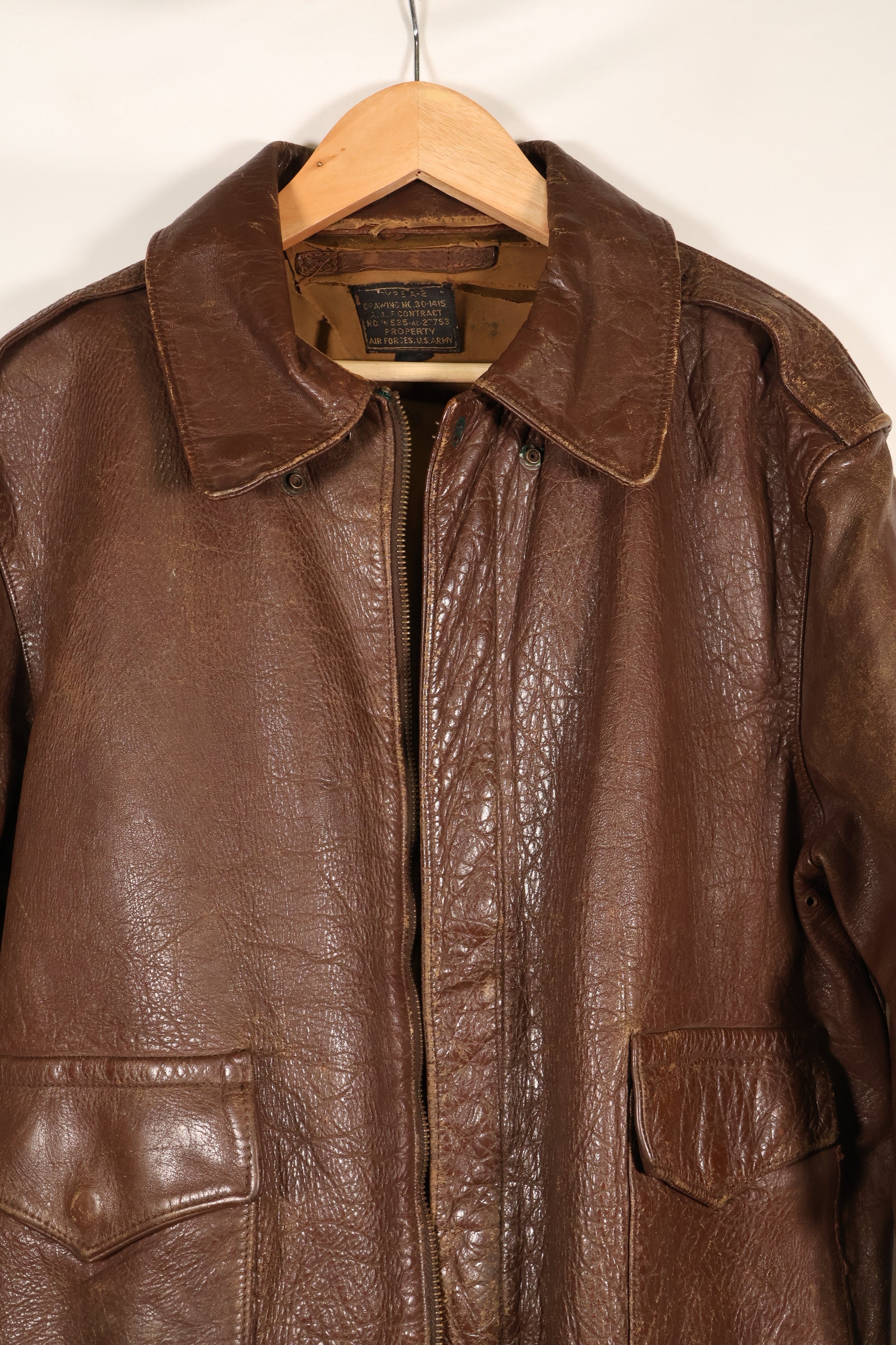 1940s size 42 WWII U.S. Army Air Corps USAAF A-2 flight jacket with name, used.