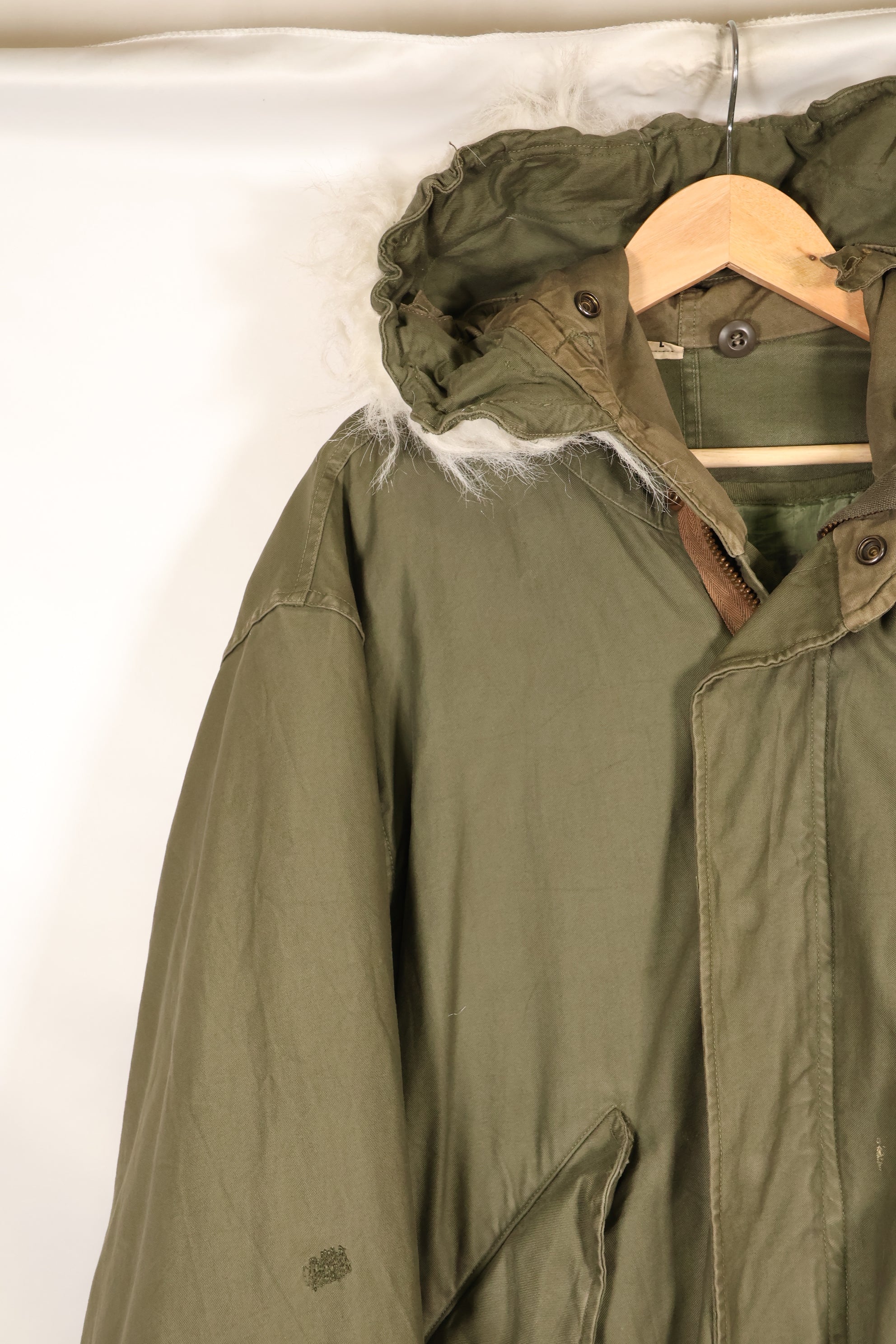 Late 1940's L size US Army M-48 Field Parka with repairs, used movie company costume.