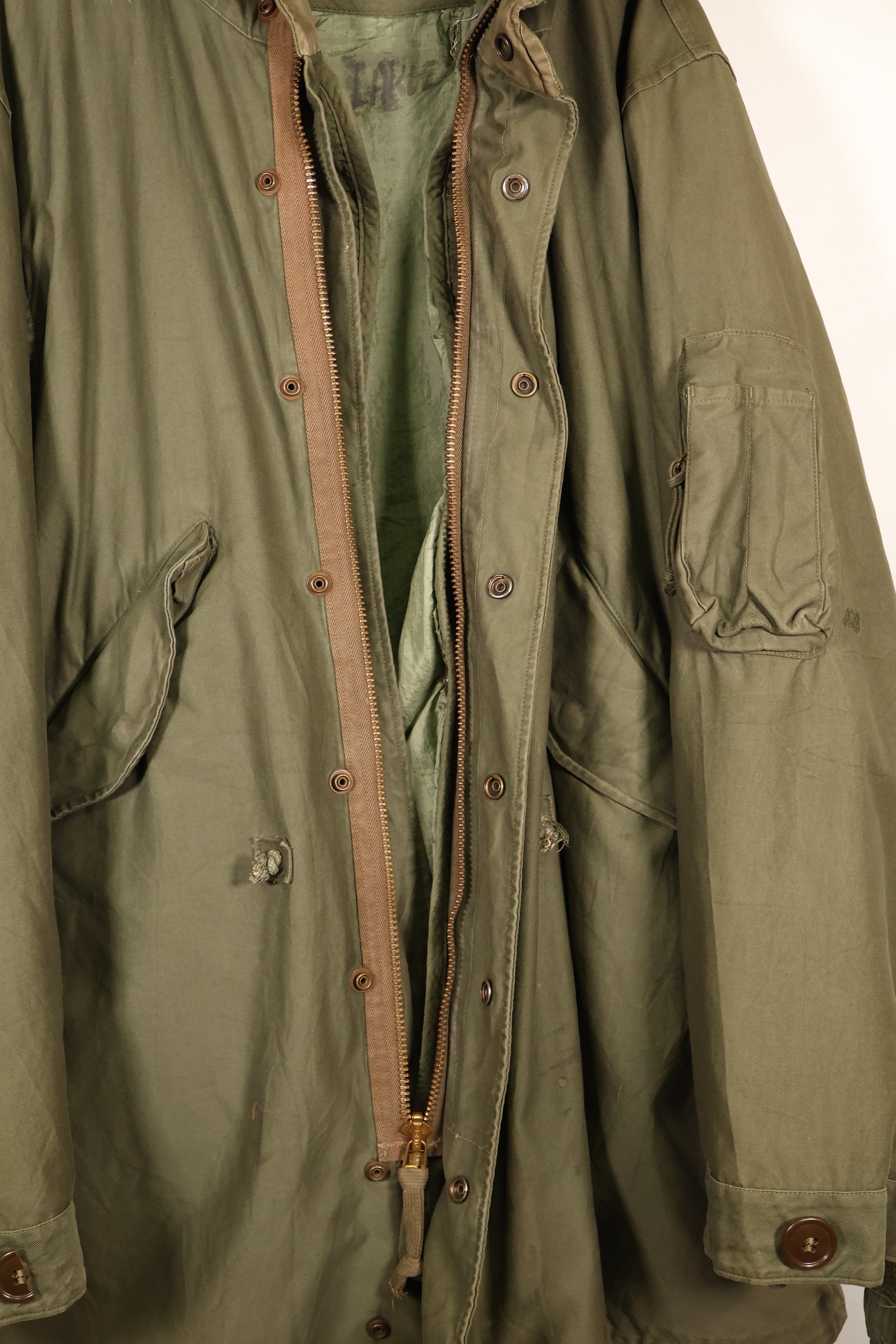 Late 1940's L size US Army M-48 Field Parka with repairs, used movie company costume.