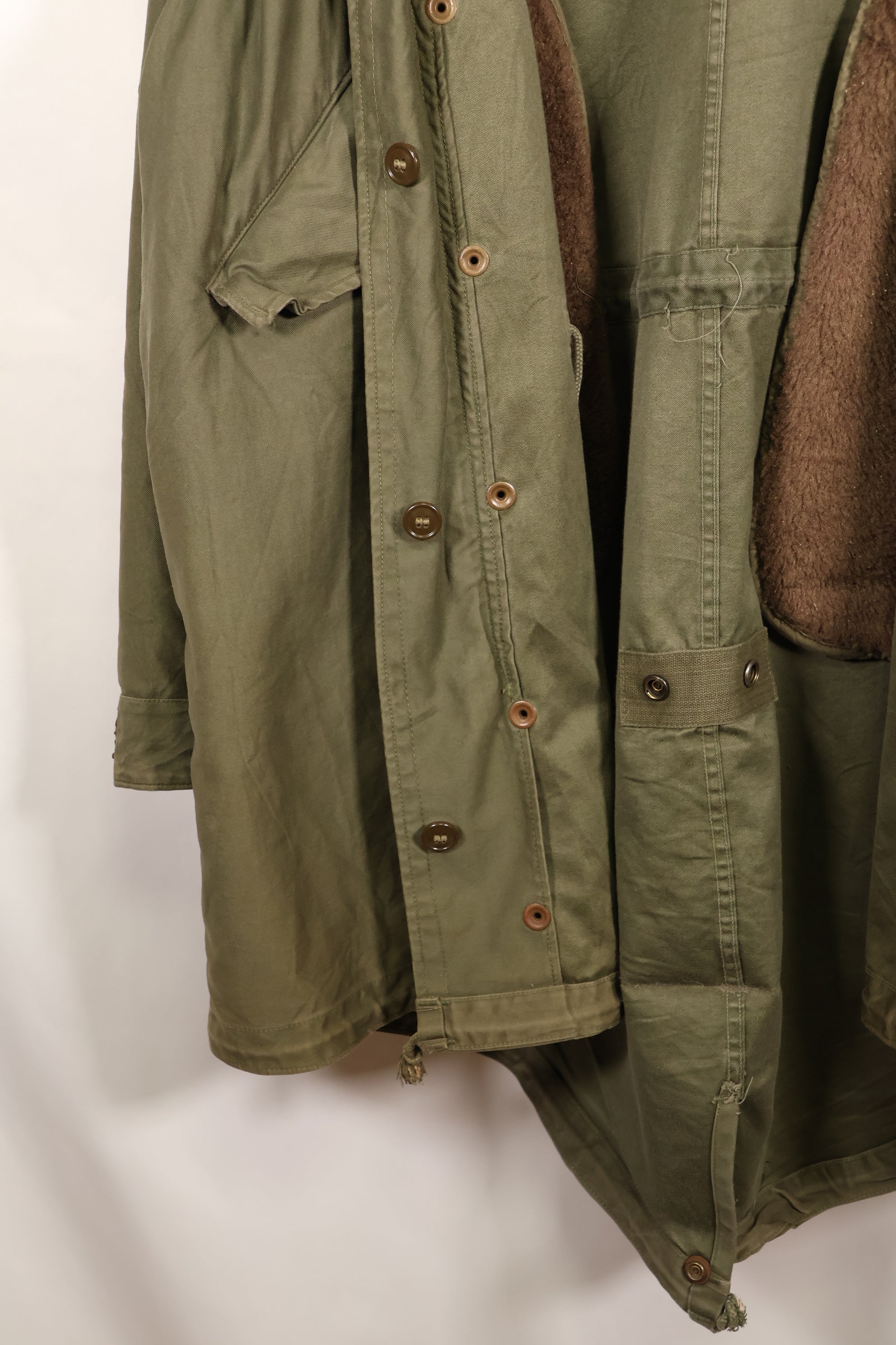Late 1940's L size US Army M-48 Field Parka with repairs, used movie company costume.