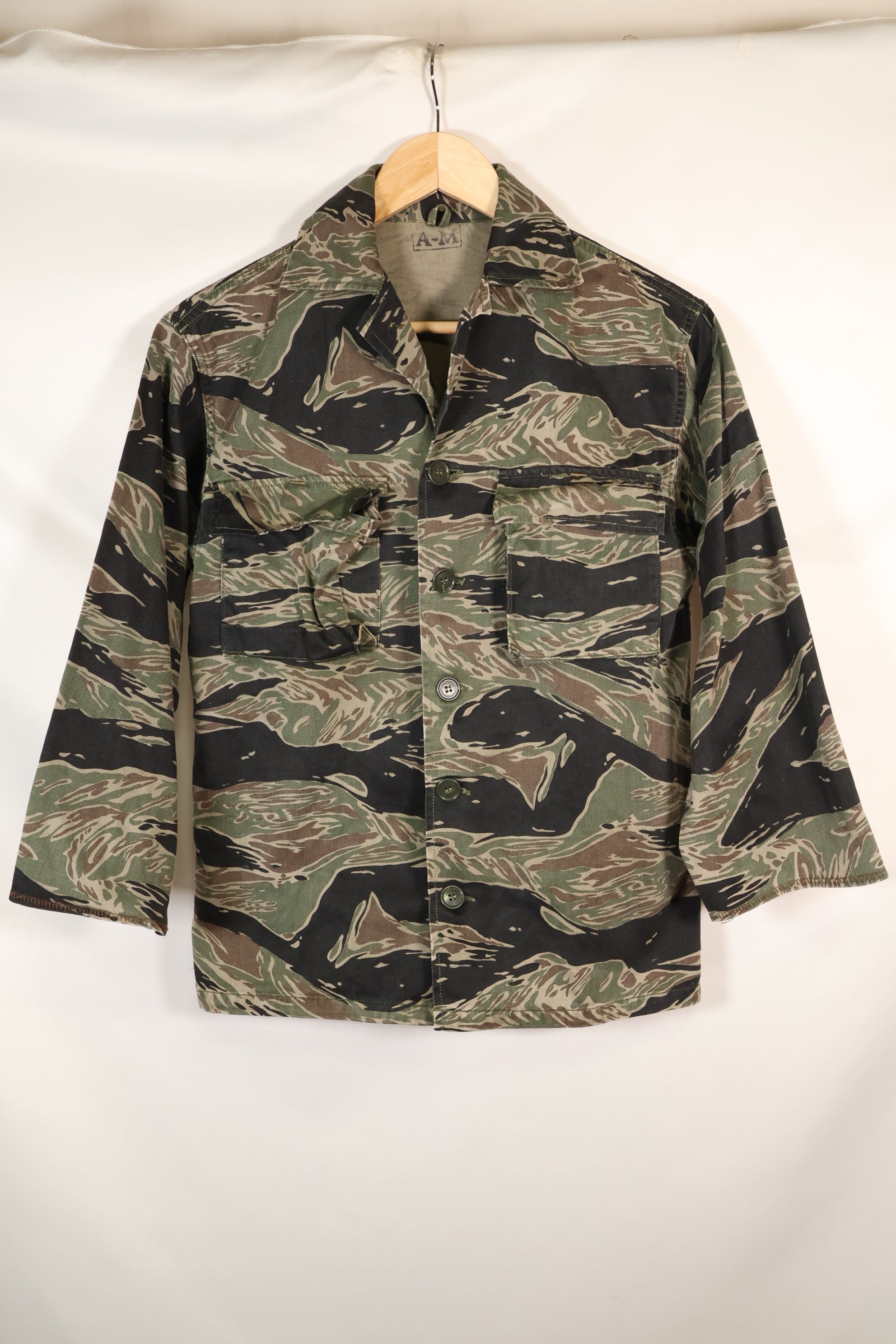 1960s Japanese Silver Tiger Asian Cut shirt, tiger stripe, used, no cuffs.