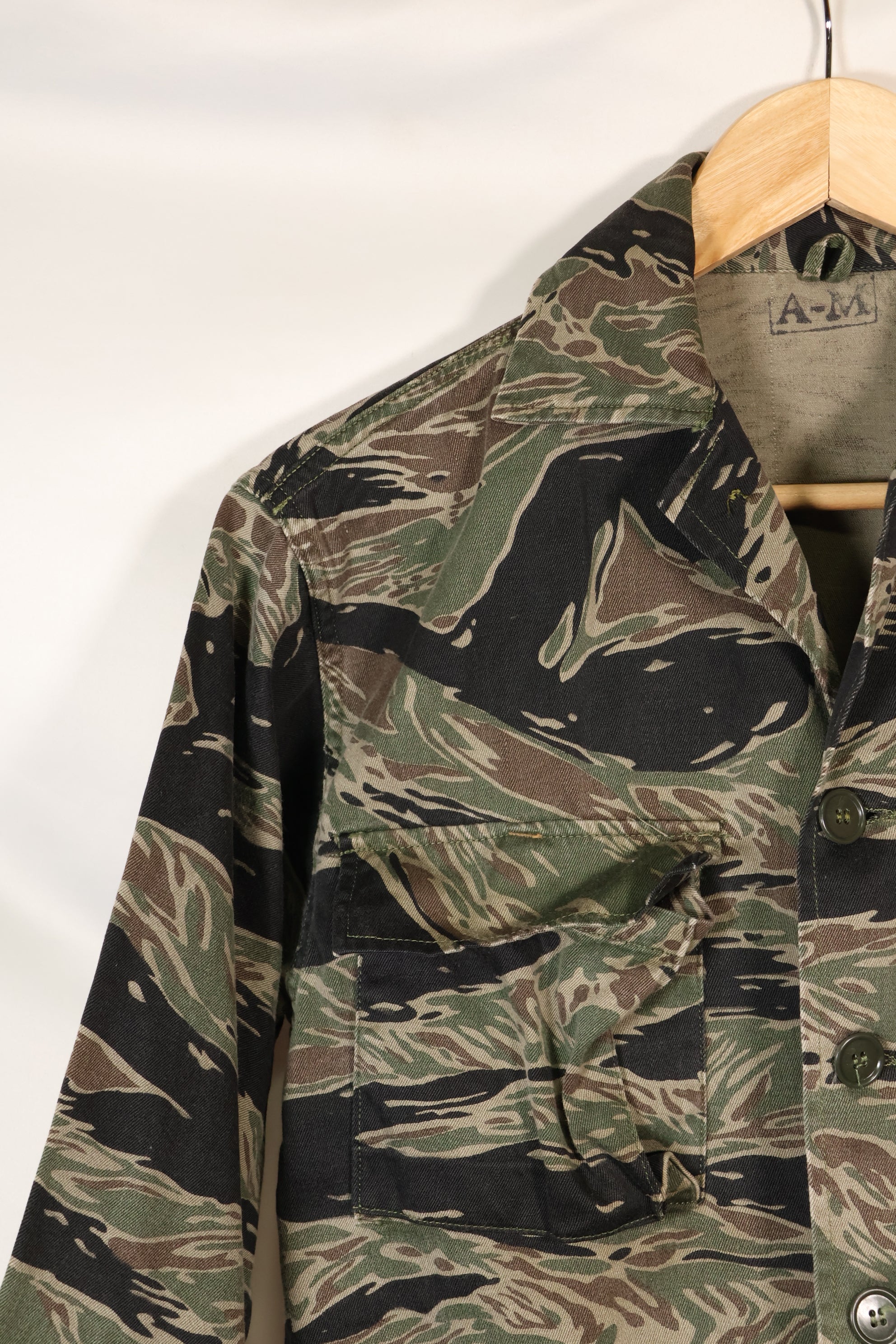 1960s Japanese Silver Tiger Asian Cut shirt, tiger stripe, used, no cuffs.