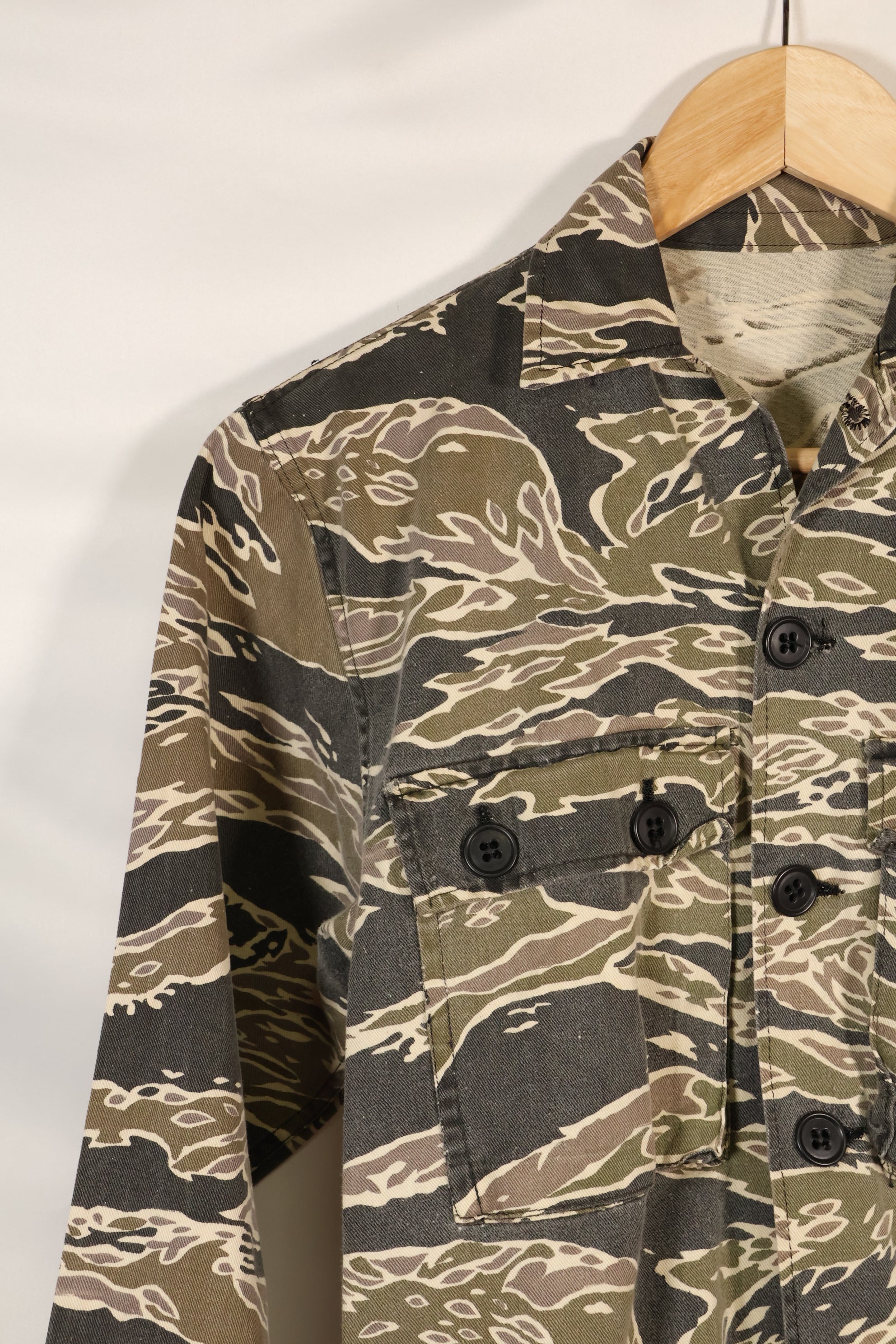 Early 1970s Late War Pattern Tiger Stripe Heavy Cotton Shirt, faded, used.