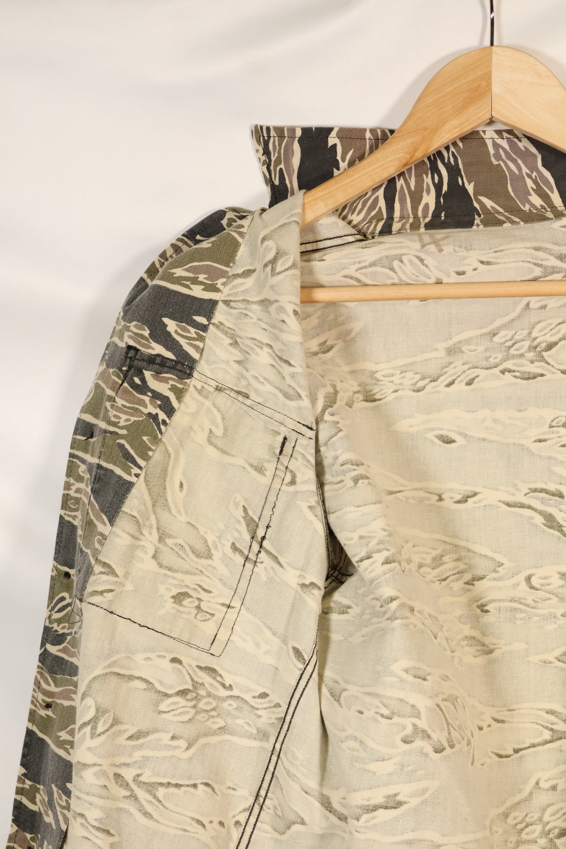 Early 1970s Late War Pattern Tiger Stripe Heavy Cotton Shirt, faded, used.