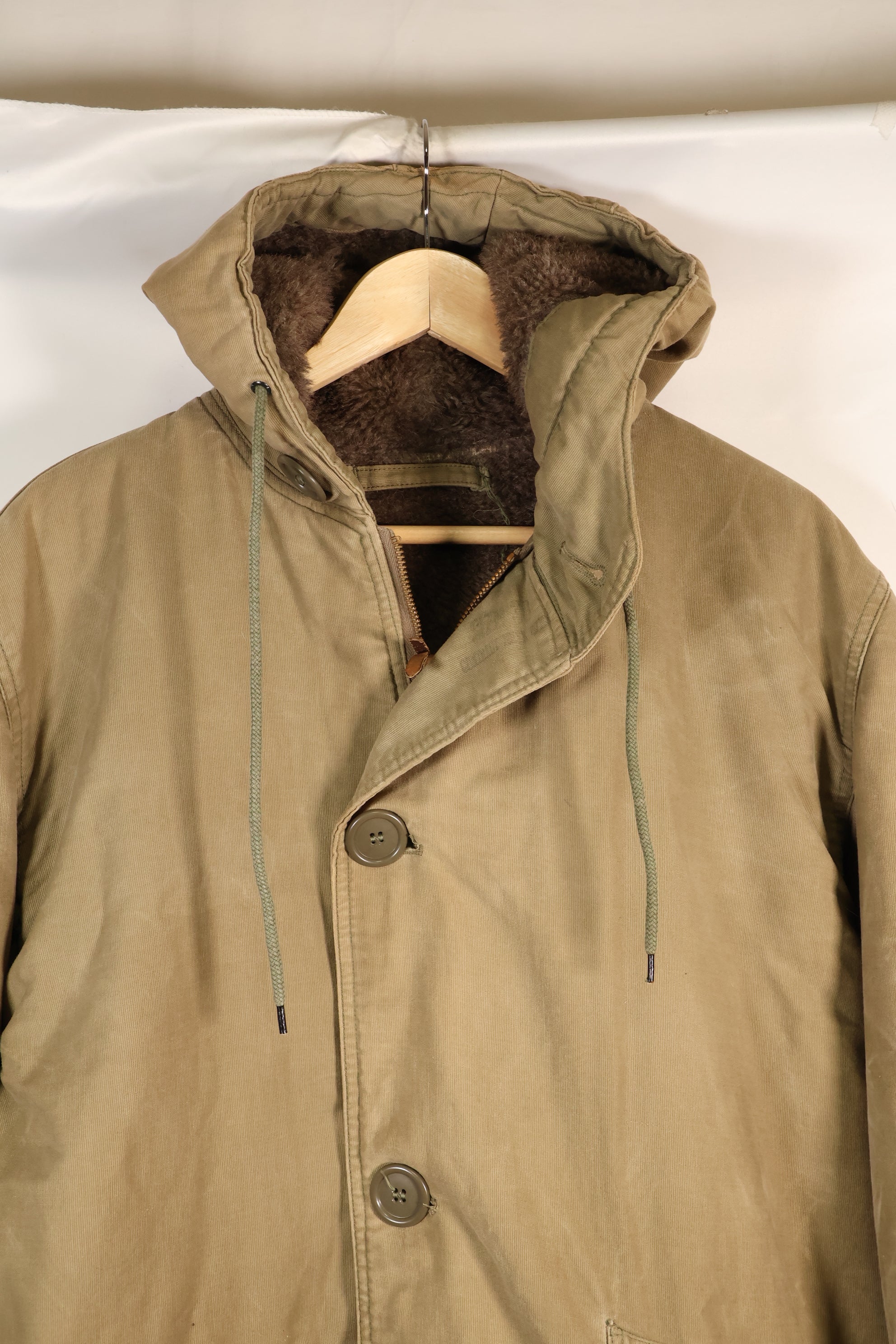 1940s WWII US Navy N-1 deck coat parka, faded, no stencil, used.