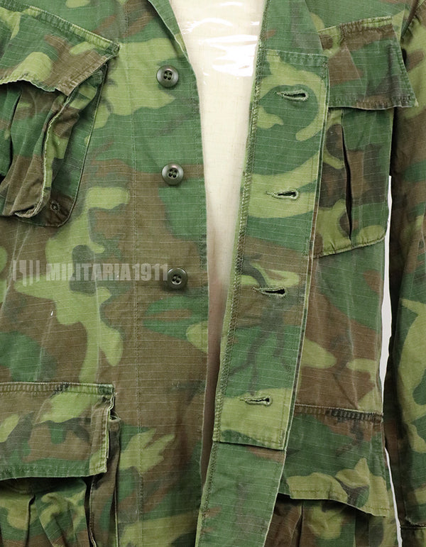 Original U.S. Army ERDL jungle fatigues, 1968 cotract, no size tag, stained.