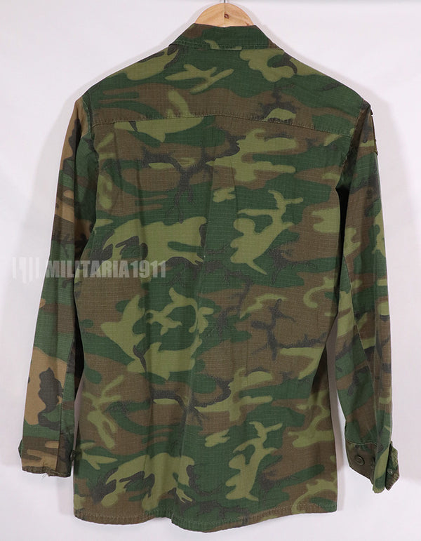 Real 1969 U.S. Army ERDL ripstop fabric camouflage jacket with patches